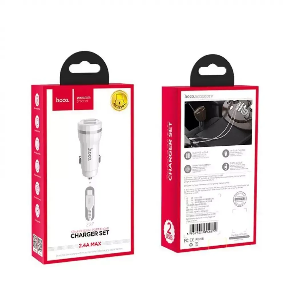 АЗУ с кабелем Type-C 1USB 2.4A Hoco Z27 white
