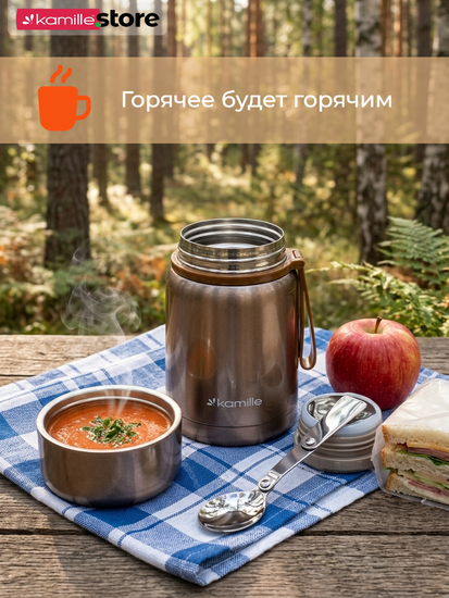 Термос для еды 530 мл. из нержавеющей стали Kamille KM 2099 с ложкой и ремешком