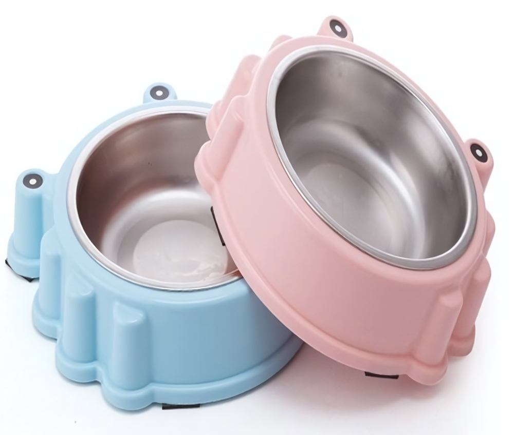 Миска пластиковая с металлической чашкой «Колор-Лягушка» 20*5см цвет нежно-розовый/250мл