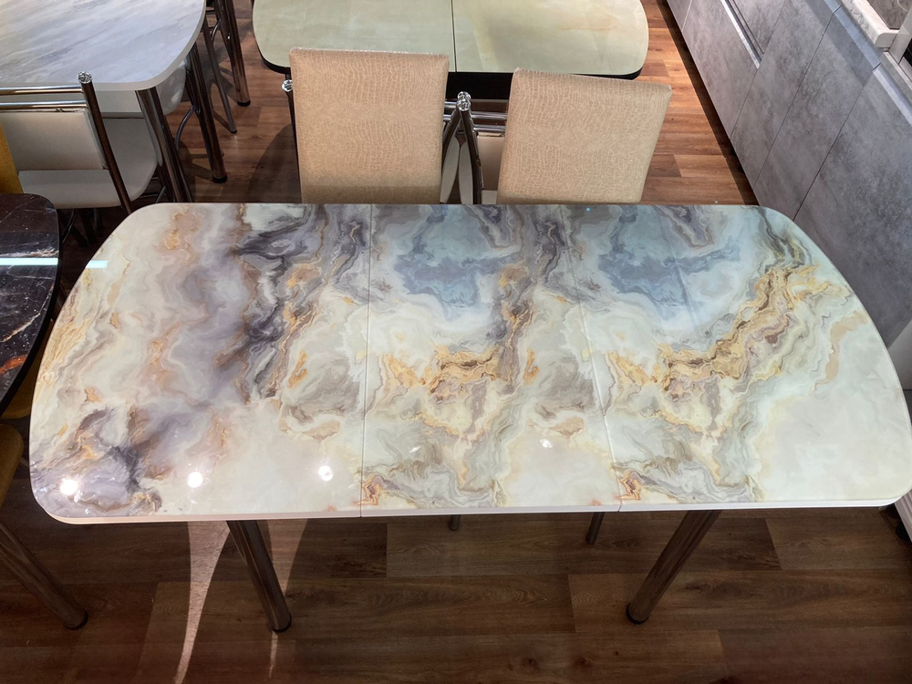 Стол разд Стеклянный подстолье прямое хром Царг.пояс белый Ст-ца мрамор 2 (белый)