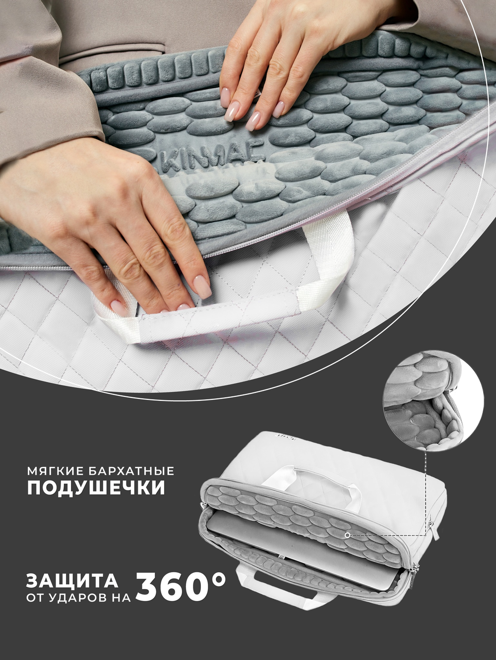 Сумка для ноутбука 15,6" и 17" с ремнем на плечо и большим карманом спереди (Стеганый белый)