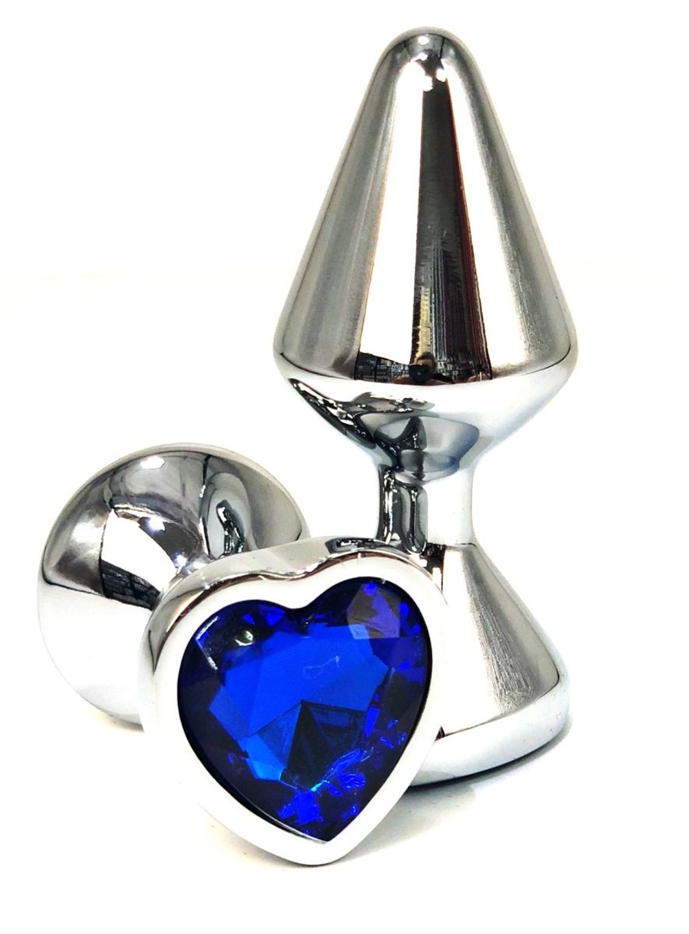 Серебристая анальная пробка с синим кристаллом-сердцем - 8 см. (Цвет: синий)