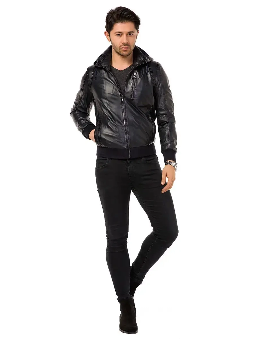 Куртка мужская натуральная кожаная с капюшоном бомбер Турция