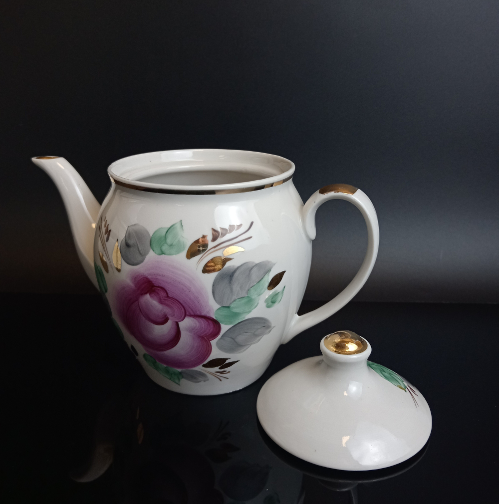 Чайник заварочный "Агашки" фарфор, клеймо Полонский ФЗ, позолота, цветы, 450мл, винтаж СССР 1980-1991 гг