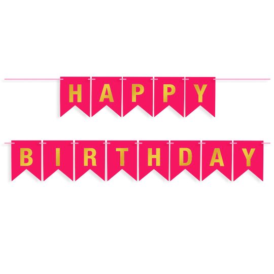 Гирлянда Флажки, Happy Birthday, Фуше/Золото, Металлик, 500 см, 16*12 см