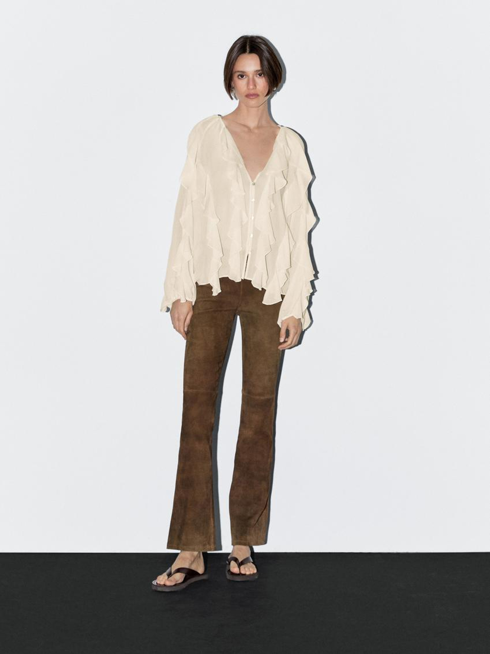 Massimo Dutti Блуза из струящейся ткани с воланами, натуральный, кремовый