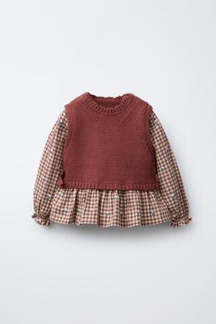 ZARA ТРИКОТАЖНЫЙ ЖИЛЕТ С ВЫШИТОЙ РУБАШКОЙ, ТЕРРАКОТОВЫЙ