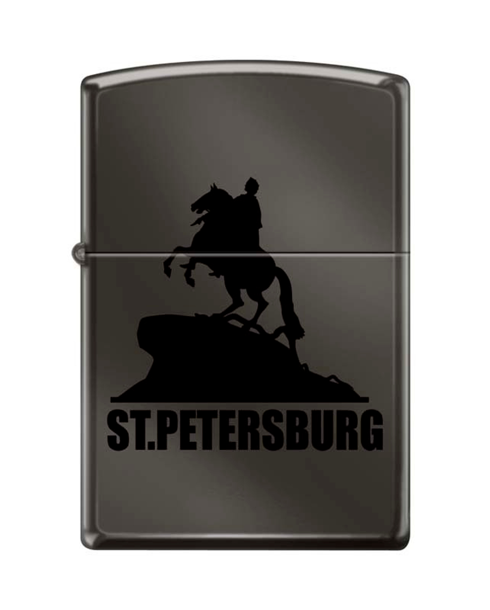 Легендарная классическая американская бензиновая широкая зажигалка ZIPPO Classic Black Ice™ черная глянцевая из латуни и стали с рисунком  Медный всадник  ZP-150 ST PETERSBURG