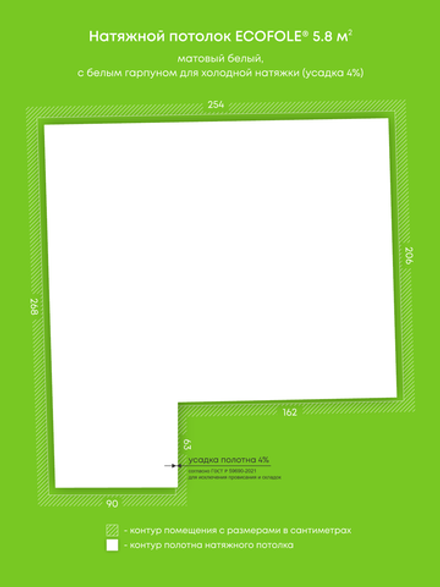 Матовый натяжной потолок 5.8 м2