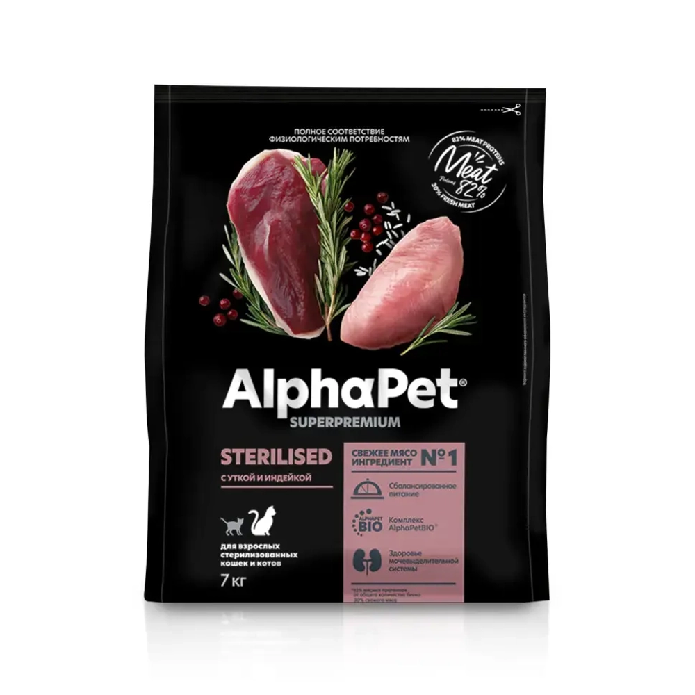 Alphapet superpremium полнорационный сухой корм для взрослых стерилизованных кошек с уткой и индейкой - 7 кг