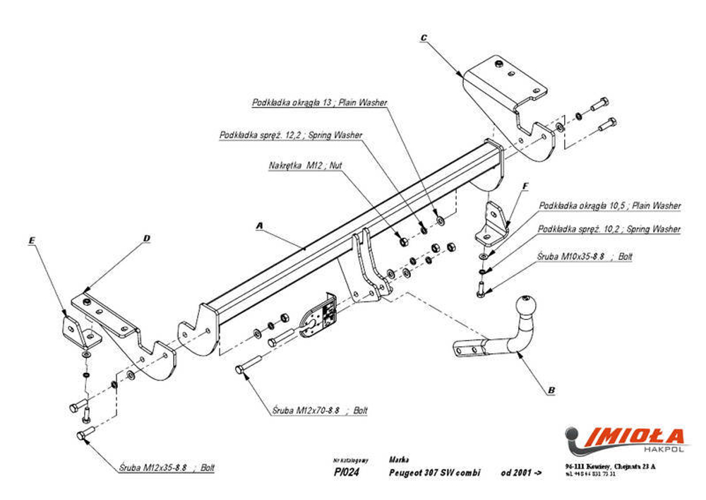 Фаркоп IMIOLA P.024 Peugeot 307 универсал 2001-2008(паспорт и сертификат в комплекте)(без электрики)