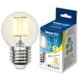 LED-G45-7.5W-WW-E27-CL GLA01TR Лампа светодиодная. Форма шар. прозрачная. Серия Air. Теплый белый свет 3000K. Картон. ТМ Uniel