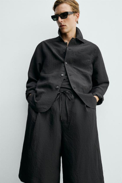 ZARA СВОБОДНЫЕ ЖАККАРДОВЫЕ ШОРТЫ В ПОЛОСКУ, ЧЕРНЫЙ