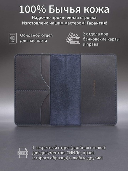 Обложка из кожи для паспорта с медведем темно синяя
