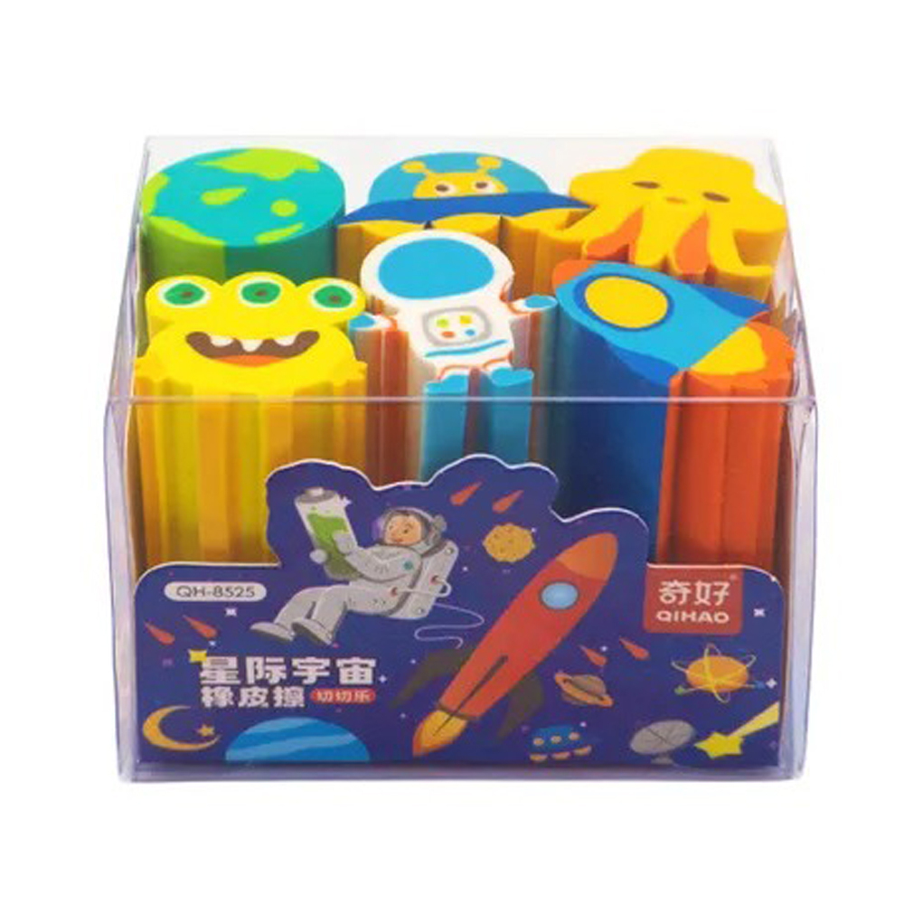 Набор ластиков длинных фигурных 6 штук, длина 5 см, в виде пришельцев и космонавтов, Qihao, мягкие цветные, школьные стерки для детей