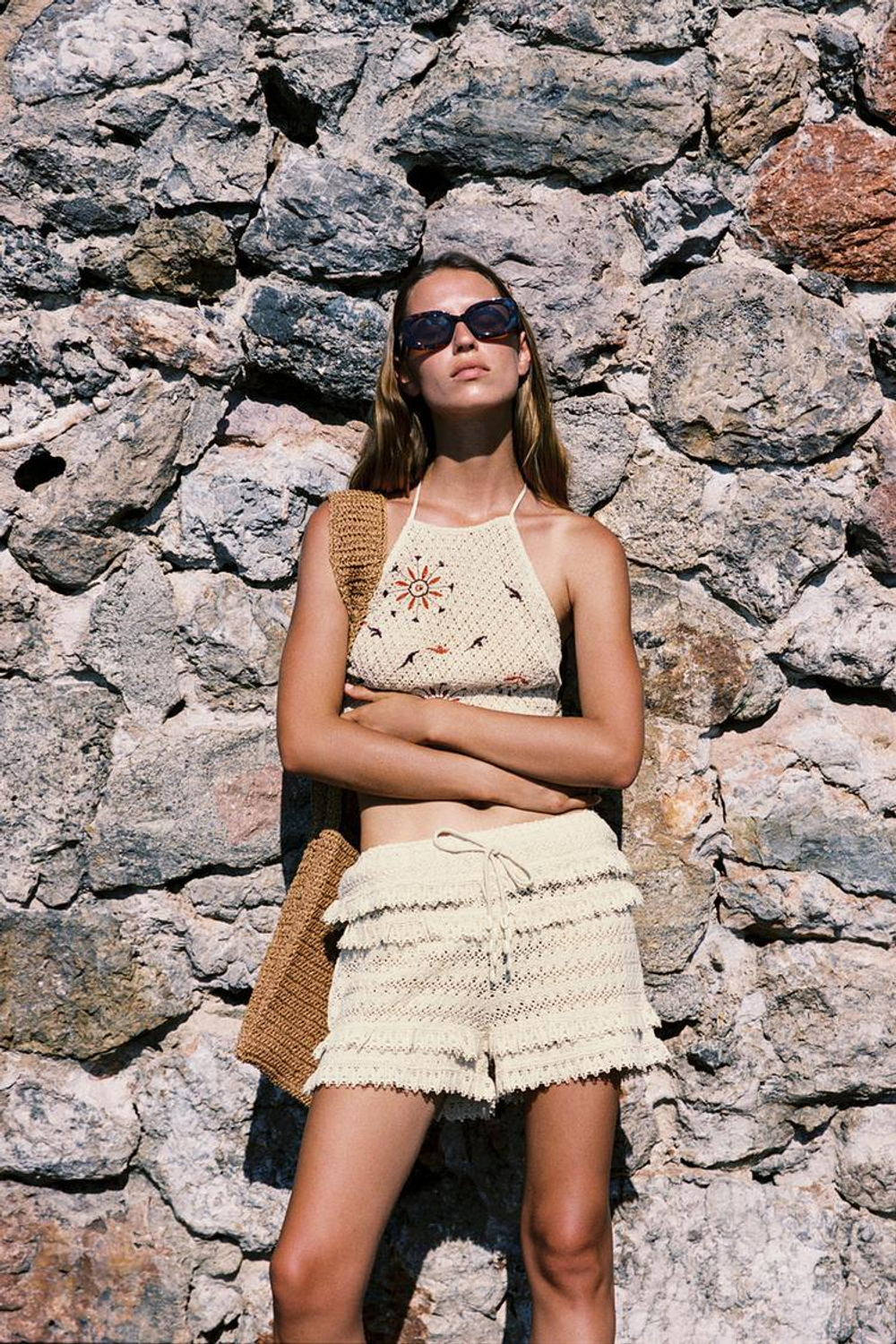 ZARA КОМБИНИРОВАННЫЙ ТОП ИЗ КРУЖЕВА КРОШЕ, ЭКРЮ