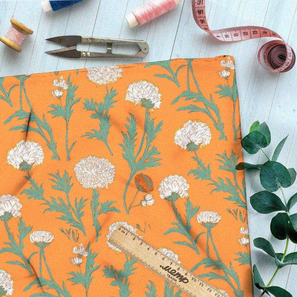 Ткань премиум Оксфорд 600D белые цветочки на оранжевом