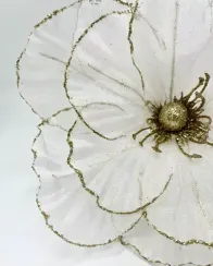 Декоративный цветок Воздушный поток 27 см., белый с золотом, на клипсе, органза, Christmas DeLuxe (13530)