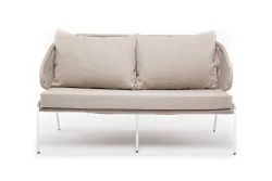 "Милан" диван 2-местный плетеный из роупа, каркас алюминий белый муар, роуп бежевый круглый, ткань бежевая 035