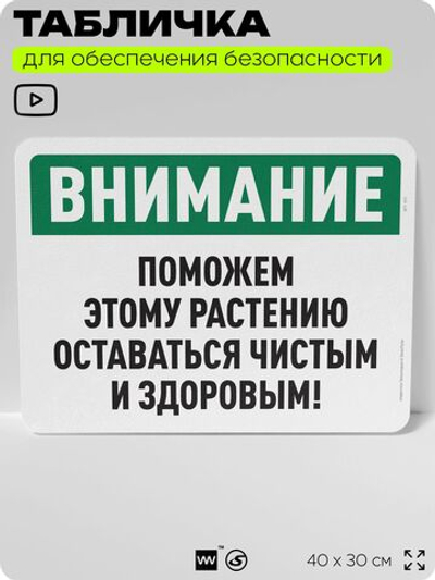 Табличка для обеспечения безопасности "Внимание, поможем этому растению оставаться чистым и здоровым", для офиса, по охране труда для предприятия, организаций, 40х30 см, Айдентика Технолоджи