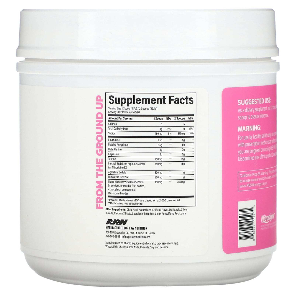 Raw Nutrition, Pump, без стимуляторов, со вкусом малинового лимонада, 468 г (1,03 фунта)