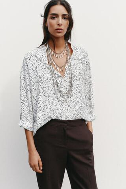 ZARA РУБАШКА В ГОРОШЕК С РУКАВАМИ С ПАТАМИ, ЭКРЮ/ЧЕРНЫЙ