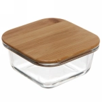 Контейнер стеклянный 300мл «Хай-Тек» квадратный с бамбуковой крышкой