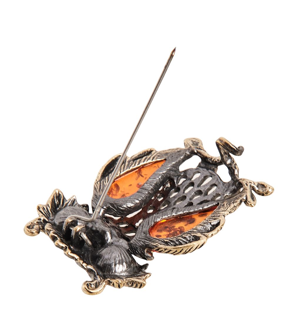 AM-2392 Брошь «Сова на веточке» (латунь, янтарь)