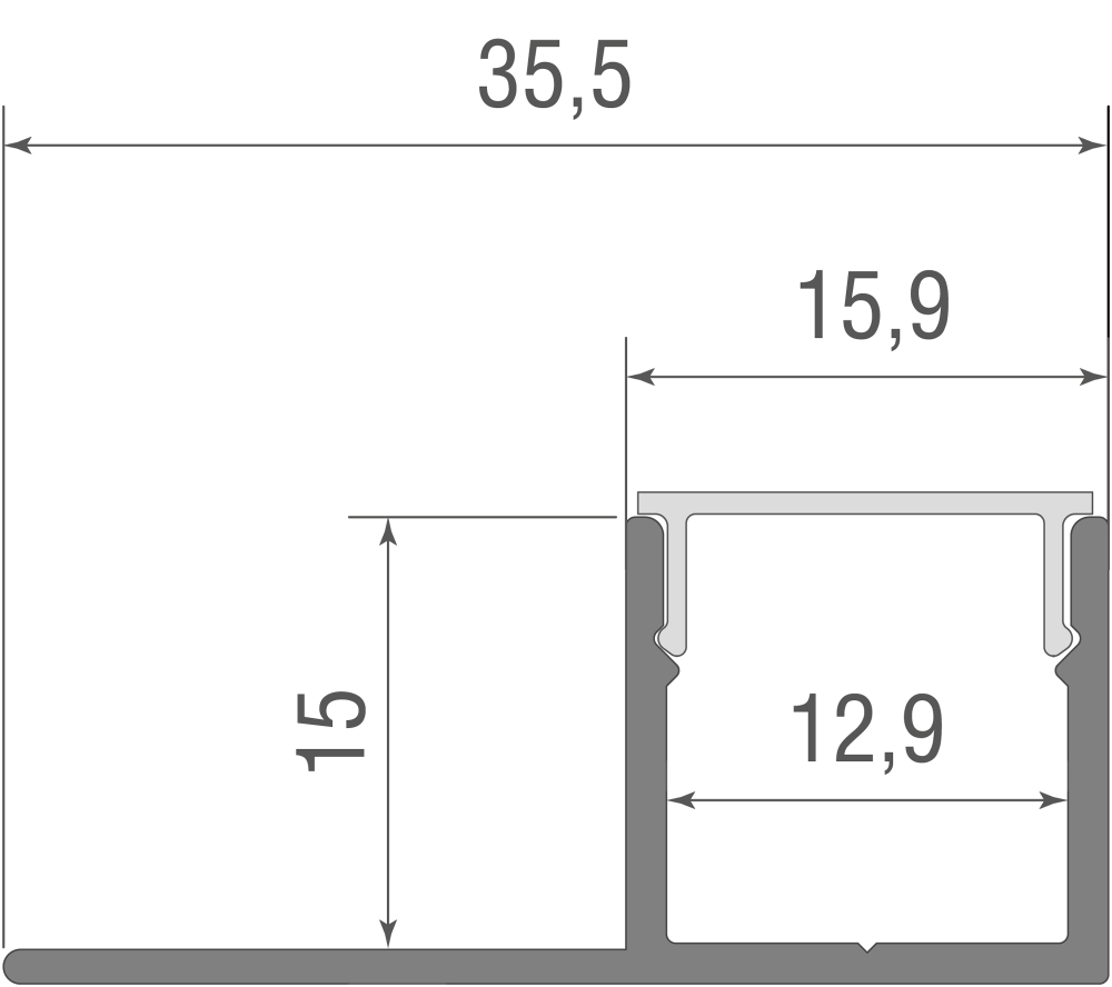 Встраиваемый алюминиевый анод. профиль под ГКЛ 12, 5мм,  35, 5х15х2000мм. В комплекте матовый экран,  4 торцевые заглушки,  алюминий