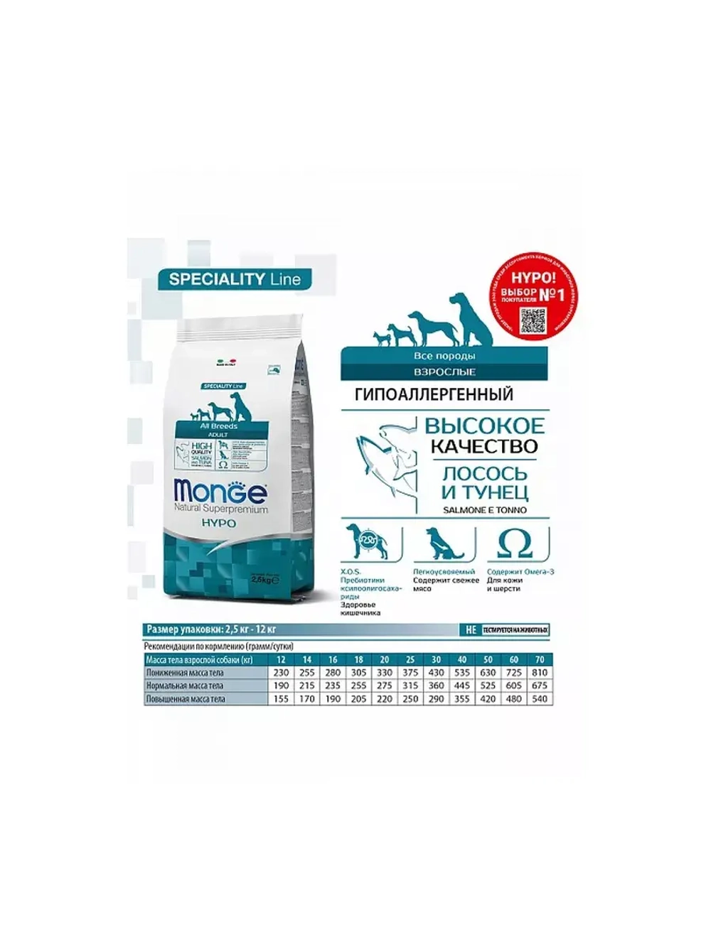 Monge (Монж Дог Хипо) Dog Speciality Line Hypo корм сухой для собак лоссось с тунцом 12 кг.