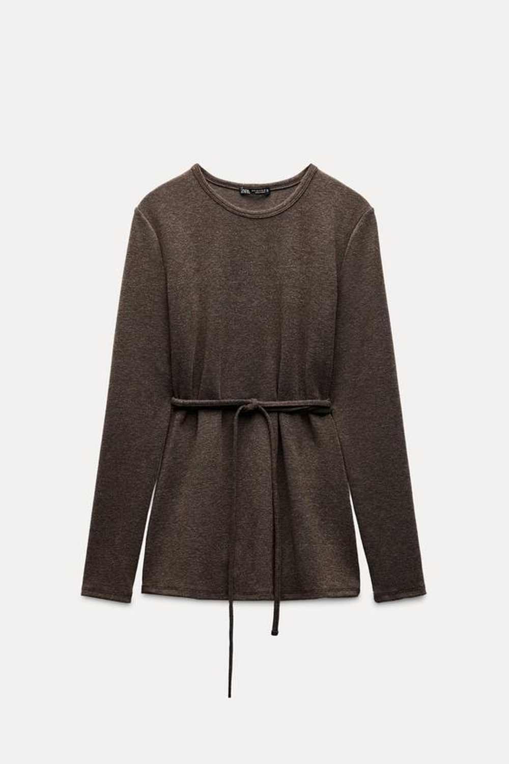 ZARA СВИТЕР ИЗ МЯГКОЙ ТКАНИ С ПОЯСОМ, СЕРОВАТО-КОРИЧНЕВЫЙ