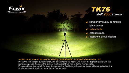 Фонарь Fenix Мод. TK76 (2800лм-450м)(светодиод: 2шт.Cree XM-L2 U2 + Cree XM-L2 T6)(800г)