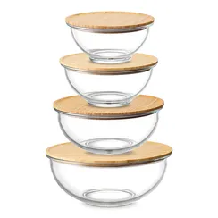 Набор из 4-х стеклянных мисок eco store с крышками из бамбука
