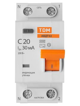 Дифференциальный автомат TDM АВДТ 32 2P(1P+N) C20А 30мА 4,5кА тип АС TDM