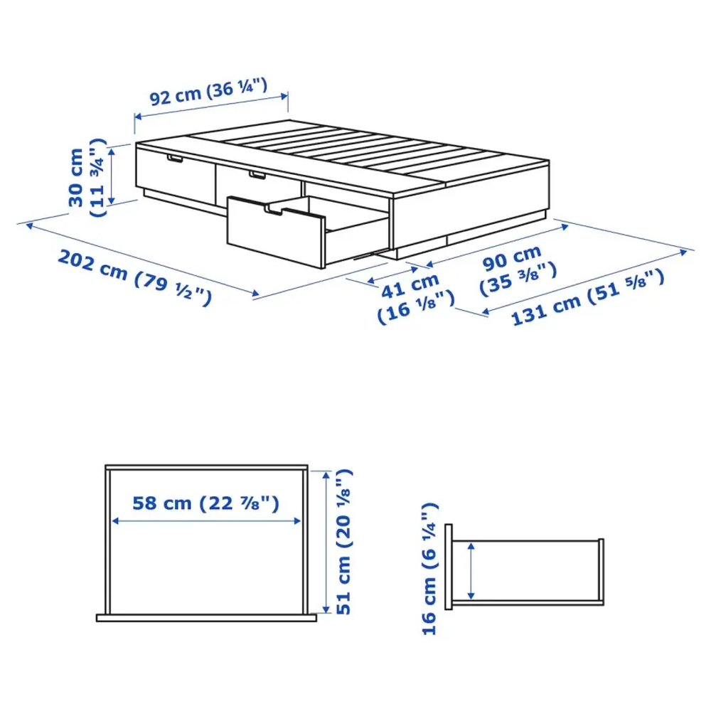 Каркас кровати с местом для хранения и матрасом - IKEA NORDLI, 200х90 см, матрас жесткий, черный, НОРДЛИ ИКЕА