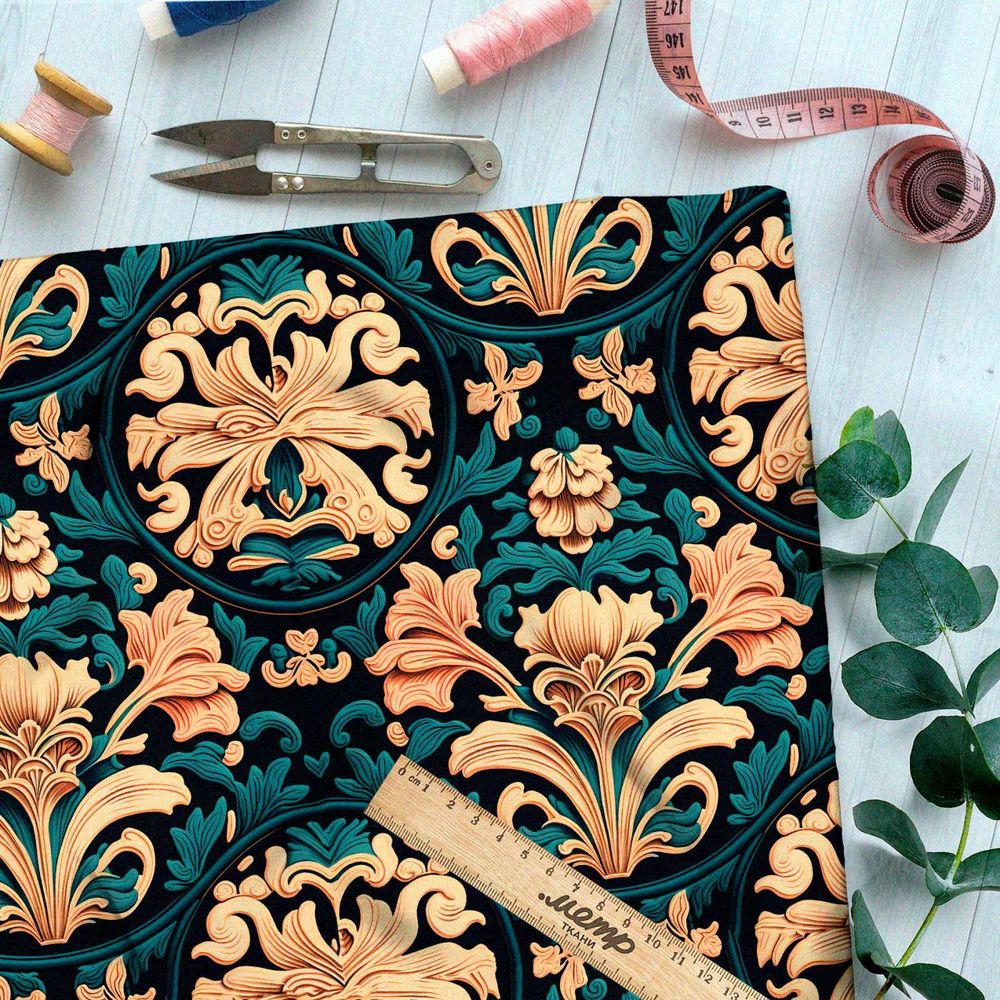 Ткань премиум Оксфорд 600D золотой орнамент на зеленом