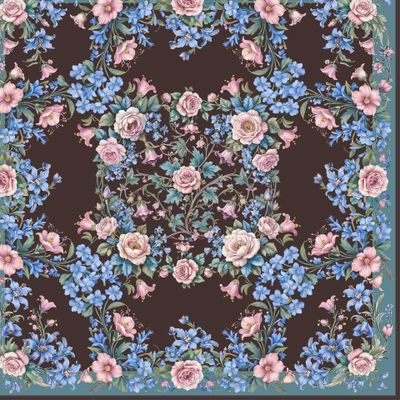 Платок коричневый незабудки розы колокольчики