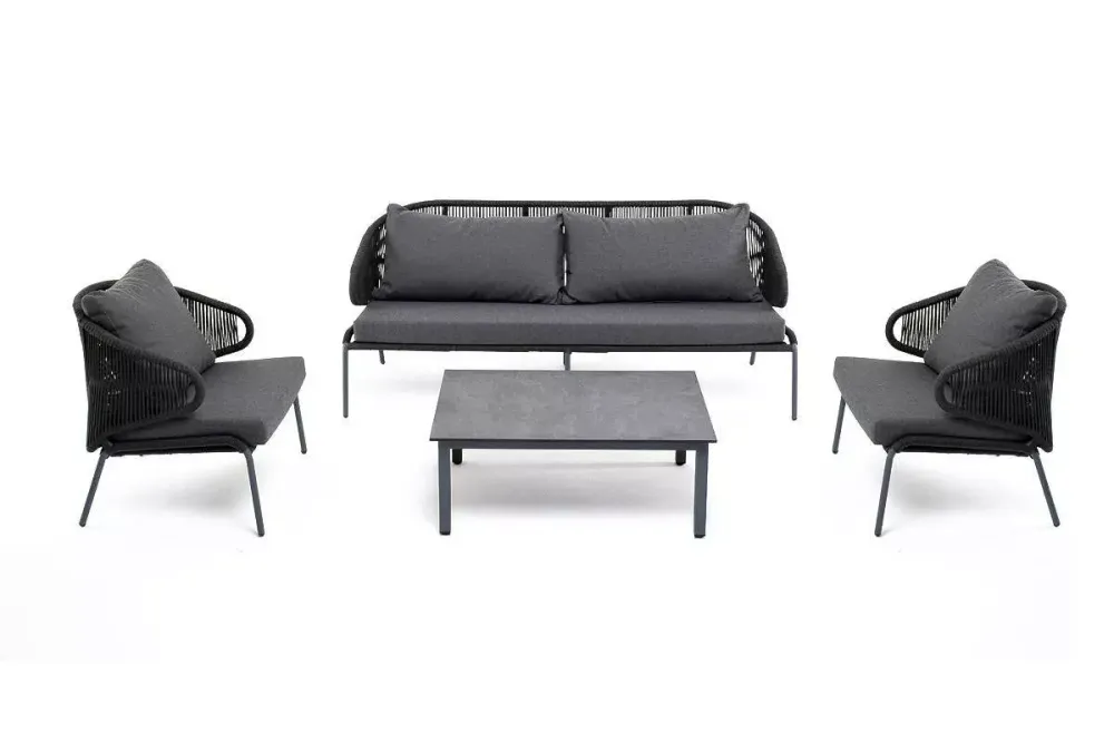 "Милан" лаунж-зона 5-местная плетеная из роупа (веревки), каркас алюминиевый серый, роуп темно-серый