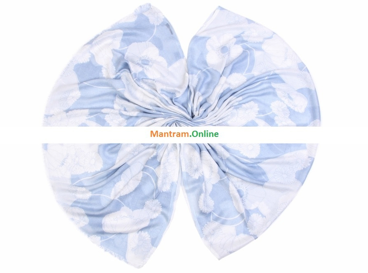 Палантин Вискоза 100% Белые маки и ромашки на голубом 110x180 см.