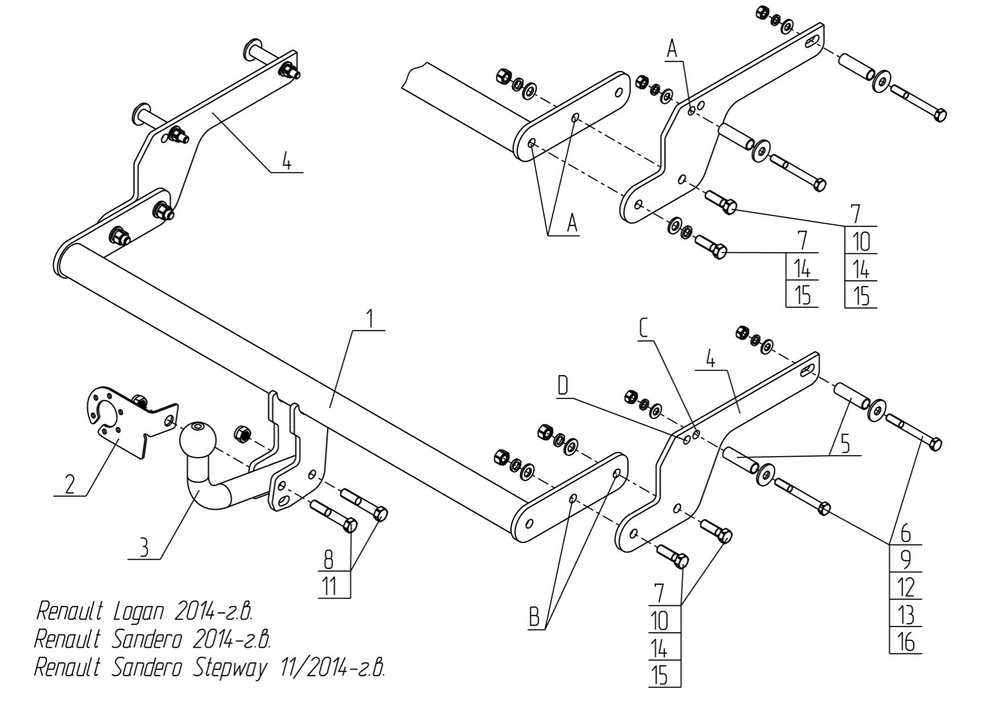 Фаркоп для Renault Logan 2005-2022 без выреза бампера, Renault Sandero 2014-2022. Тип шара: A. Нагрузки: 1200/75 кг, RN 15