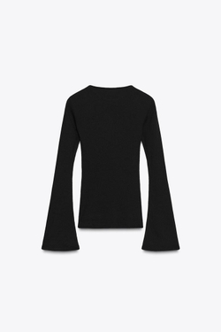 ZARA ФУТБОЛКА В РУБЧИК С РАСКЛЕШЕННЫМИ РУКАВАМИ, ЧЕРНЫЙ