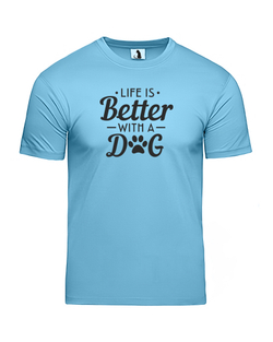 Футболка Life is better with a dog unisex голубая с черным рисунком