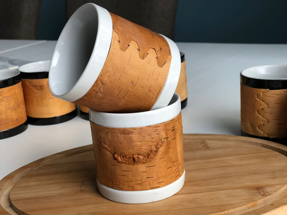 Кружка малая фарфоровая без ручки с берестой. Коллекция Log (Бревно)