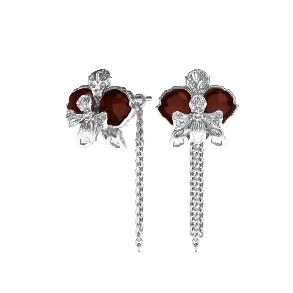 Пусеты Орхидея с цепочками с вишневым янтарем