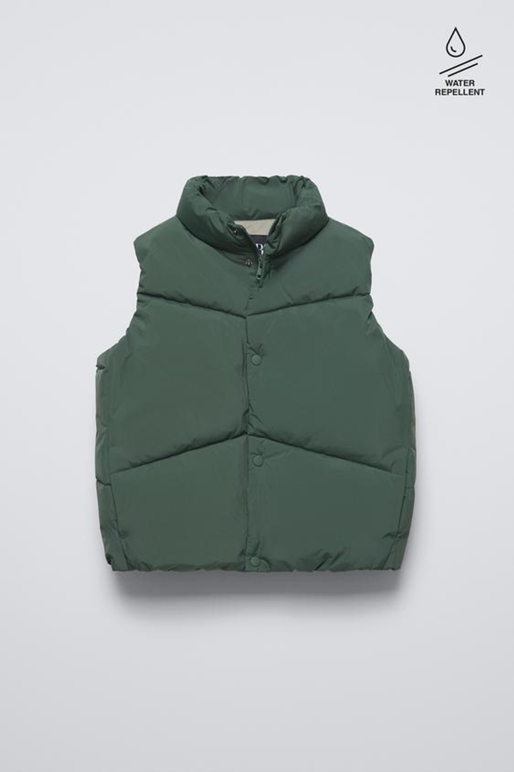 ZARA НЕПРОМОКАЕМЫЙ СТЕГАНЫЙ ЖИЛЕТ, ЗЕЛЕНЫЙ