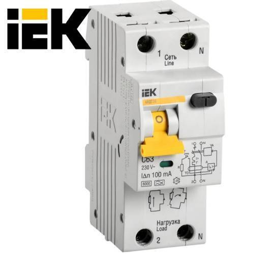 Дифференциальный автоматический выключатель 2/63 А 100ма IEK (АВДТ32)