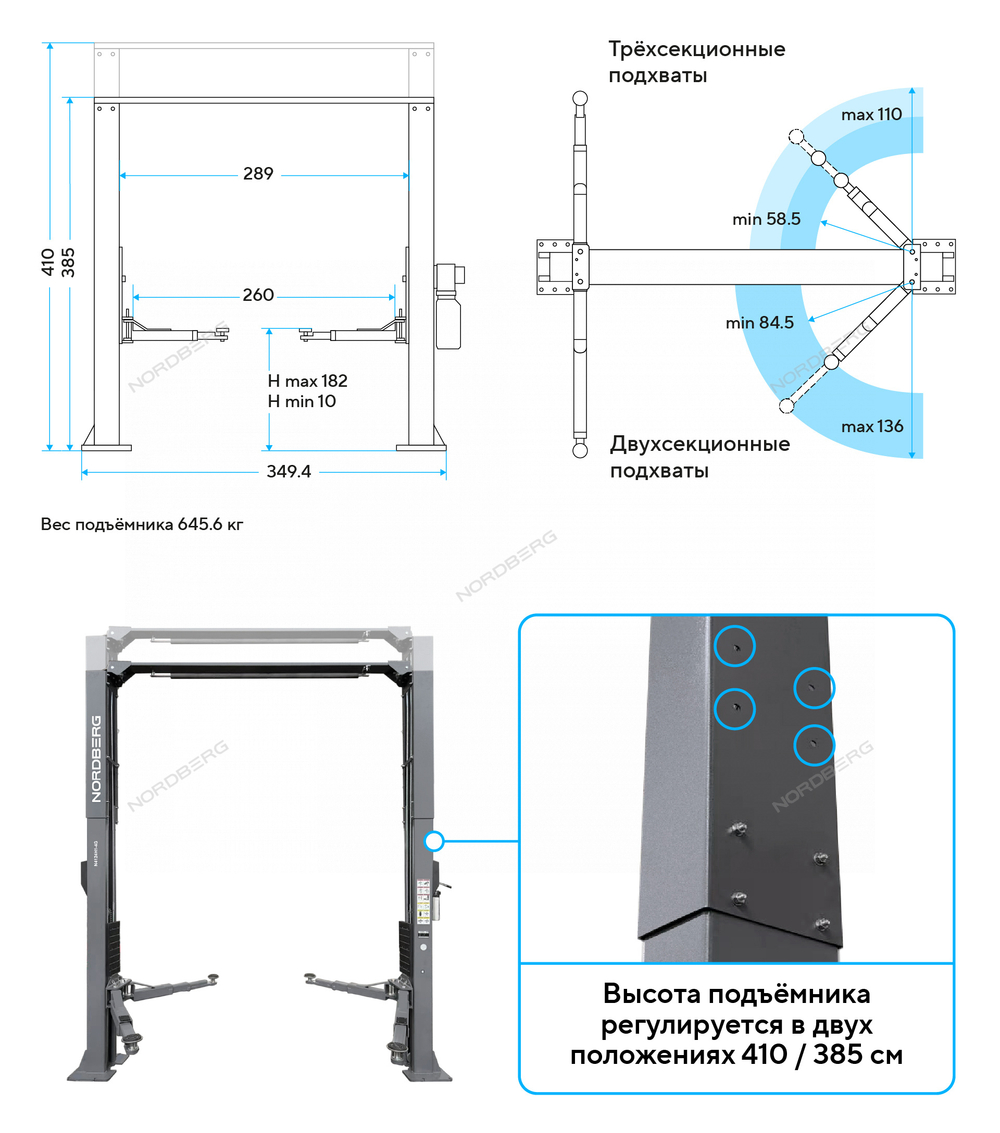 Подъемник двухстоечный 4 т, верхняя синхронизация, H=4,1 м, 220 В, серый NORDBERG N4124H1-4G_220
