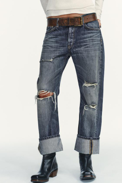 ZARA ПРЯМЫЕ ДЖИНСЫ TRF С ДЫРАМИ СРЕДНЕЙ ПОСАДКИ, МОРСКОЙ СИНИЙ