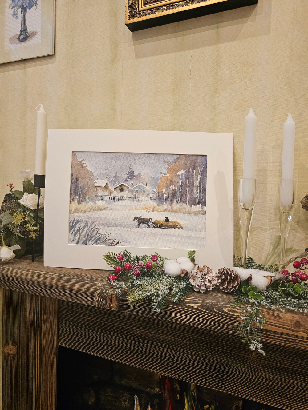 Картина авторская акварельная в паспарту 30х40 см на стену для интерьера "Зима в селе"