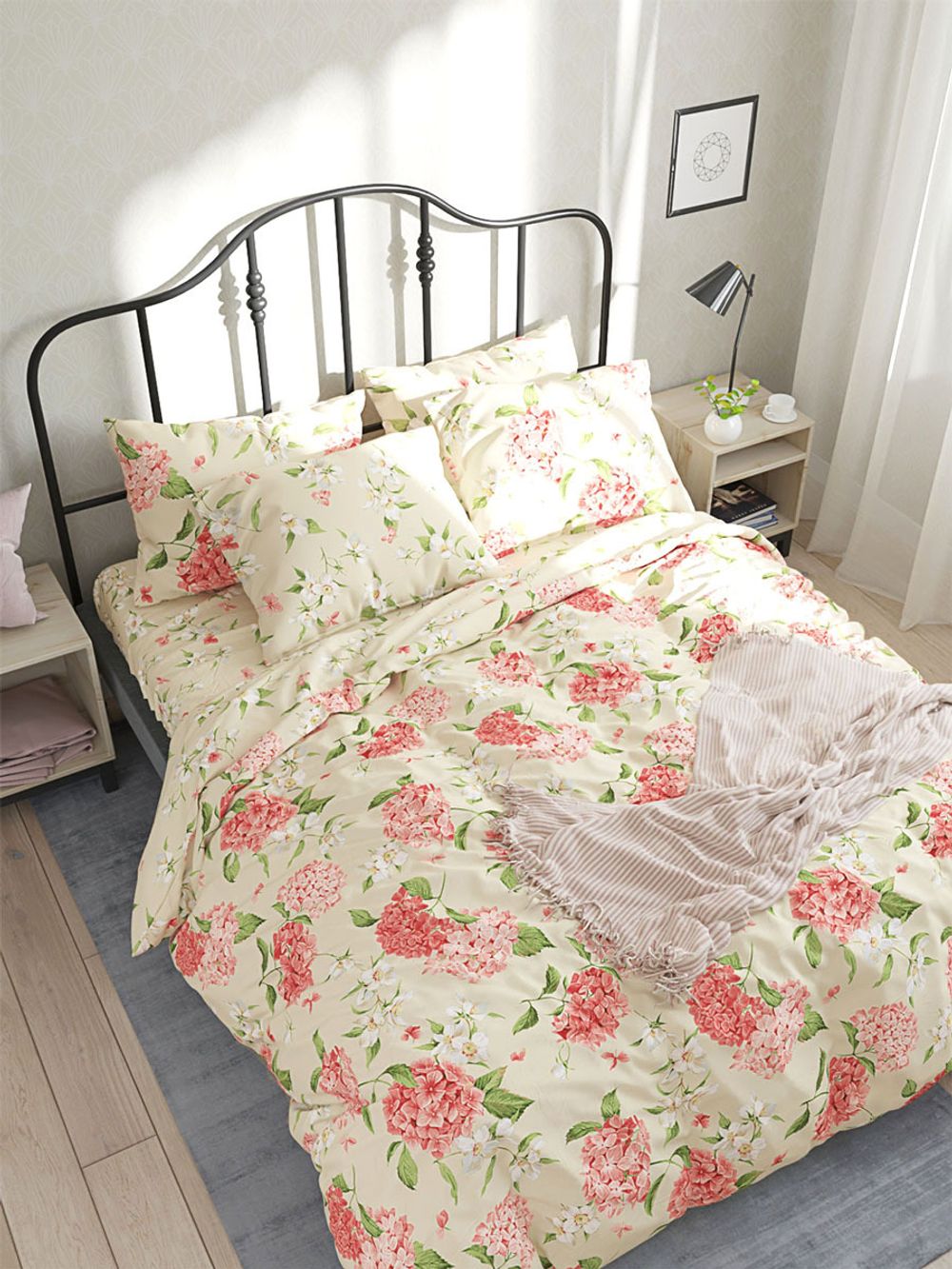 Постельное белье перкаль Сказка "Гортензия/Жасмин" 2-спальное Наволочка 50x70 см 2 шт Простынь 240x215 см Пододеяльник 175x215 см